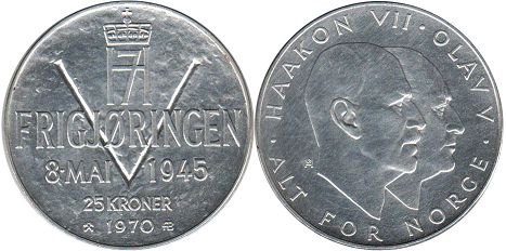 монета Норвегия 25 крон 1970