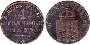монета Пруссия 4 пфеннига 1855