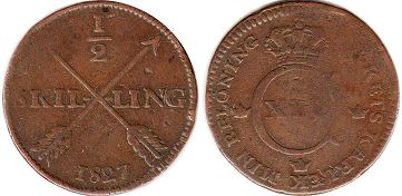 монета Швеция 1/2 скиллинга 1827