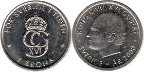монета Швеция 1 крона 2000