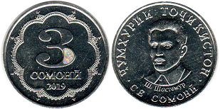 монета Таджикистан 3 сомони 2019
