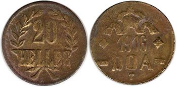 монета Германская Восточная Африка 20 геллеров 1916