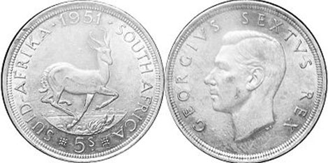 монета Южная Африка 5 шиллингов 1951
