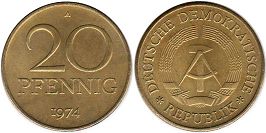 монета ГДР 20 пфеннигов 1974