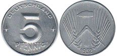 монета ГДР 5 пфеннигов 1952