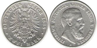 монета Германская Империя 2 марки 1888