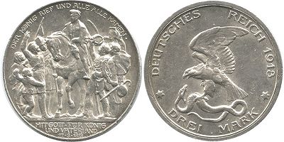 монета Германская Империя 3 марки 1913