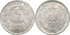 монета Германская Империя 1/2 марки 1917