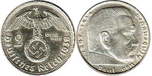 монета фашистская Германия 2 марки 1938
