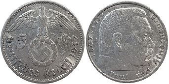 монета фашистская Германия 5 марок 1937