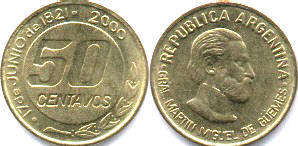 монета Аргентина 50 сентаво 2000
