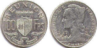 монета Реюньон 100 франков 1964