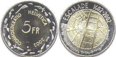 монета Швейцария 5 франков 2002