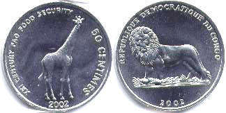 монета Конго 50 сантимов жираф 2002