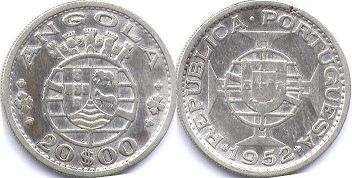 монета Ангола 20 эскудо - Angola 20$00 escudos 1952