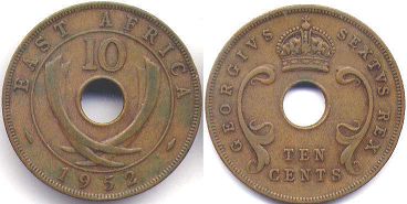 монета Британская Восточная Африка 10 центов 1952