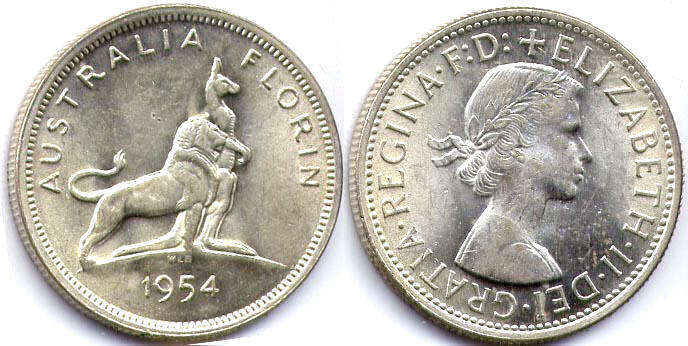 Австралия монета 1 флорин 1954 Elizabeth II
