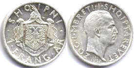 монета Албания 1 франг ар 1937