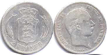 монета Дания 2 кроны 1876