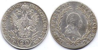 монета Австрийская Империя 20 крейцеров 1821