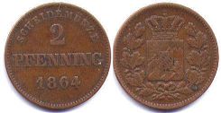 монета Бавария 2 пфеннига 1864