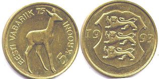 монета Эстония 5 крон 1993