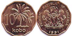 монета Нигерия 10 кобо 1991