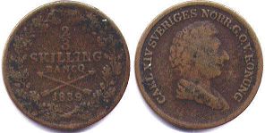 монета Швеция 2/3 скиллинга 1839