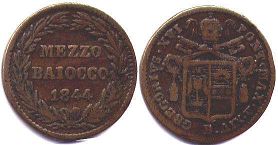 монета Папская область 1/2 байокко 1844