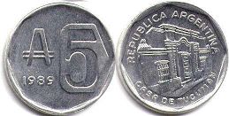 монета Аргентина 5 аустралей 1989