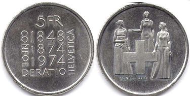 монета Швейцария 5 франков 1974