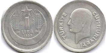 монета Турция 1 лира 1939