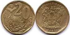 монета ЮАР 20 центов 1997 (1996, 1998, 1999, 2000)