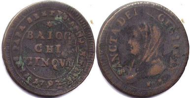 монета Папская область 5 байоччи 1797