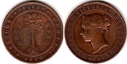 монета Цейлон 5 центов 1870