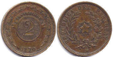монета Парагвай 2 сентесимо 1870
