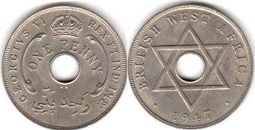 монета Британская Западная Африка 1 пенни 1947