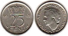 монета Нидерланды 25 центов 1948