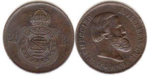 монета Бразилия 20 рейс 1869