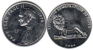 монета Конго 1 франк папа Иоанн Павел II 2004