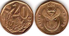 монета ЮАР 20 центов 2004