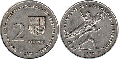 монета Андорра 2 динера 1987