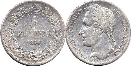 монета Бельгия 5 франков 1848