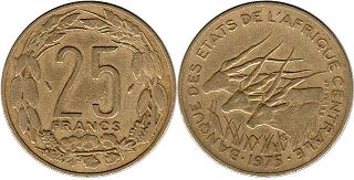 монета Центральноафриканские Государства 25 франков КФА 1975