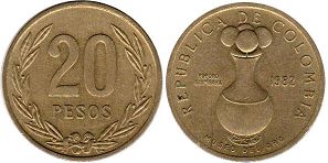 монета Колумбия 20 песо 1982