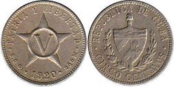 монета Куба 5 сентаво 1920