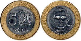 монета Доминикана 5 песо 2002