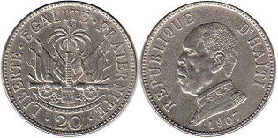 монета Гаити 20 сантимов 1907