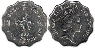 монета Гонконг 2 доллара 1988
