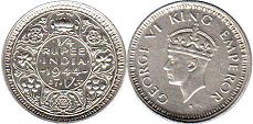 монета Британская Индия 1/4 рупии 1944